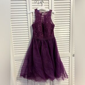 Azazie Deep Purple Kids Dress with Floral Details